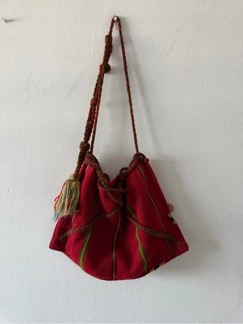 Handwoven Red Shoulder Bag with Multicolor Tassel
